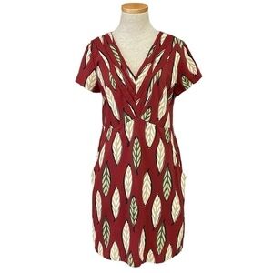 White Stuff Dress Womens 8 Orange Red Feather Print Short Sleeve V-Neck Midi